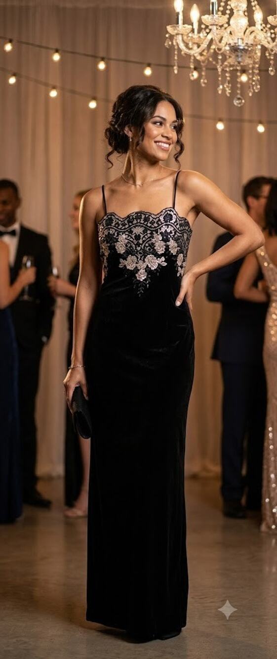 Vintage Y2K JS Boutique Embroidered Sequin Velvet Maxi Dress in Black US 10